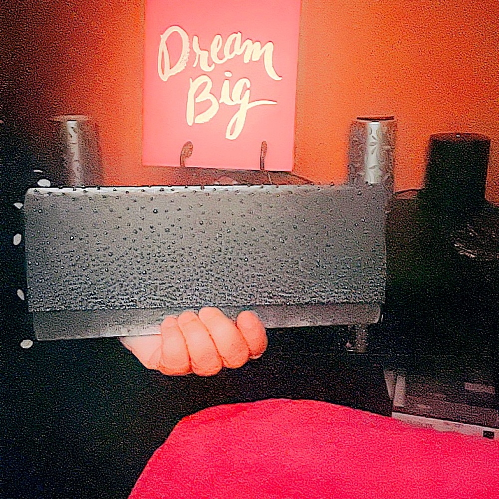 Clutch bag w/silver Gray beads & bronze chain strap. NiceFormal clutch bag!